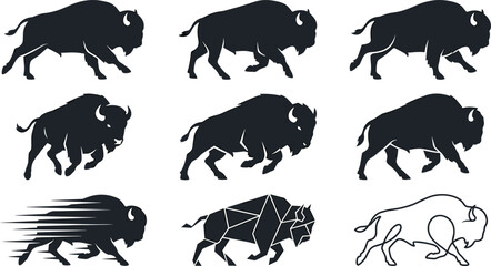 Dynamic Buffalo Silhouette Vector Set Featuring Running Bison Poses, Geometric Wildlife Icons, Charging Animal Symbols, and Modern Illustration Designs © MdNazmul