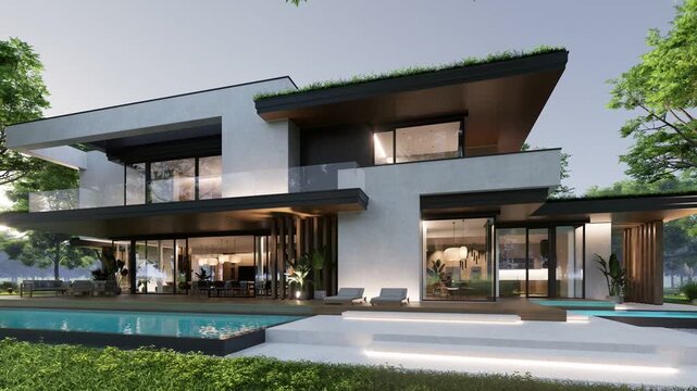 4K video rendering of two-story house with parking and pool for sale or rent with concrete facade and beautiful landscaping Clear summer evening with cozy light from window