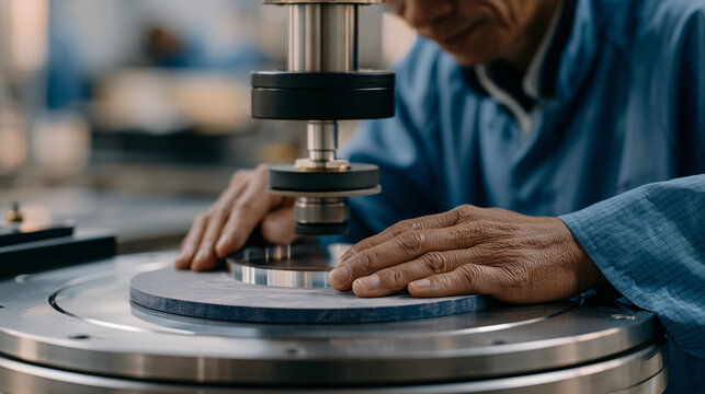 A precision optics manufacturer polishes a lens element using a pitch lap on a motorized polishing machine, measuring the surface with an interferometer, the optics cleanroom immaculate and temperat