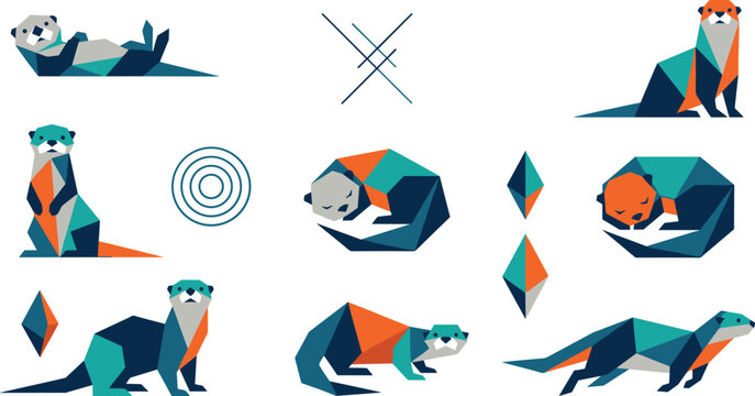 Geometric Otter Vector Collection Featuring Low Poly River Animals, Abstract Wildlife Characters, and Modern Polygon Illustration Designs