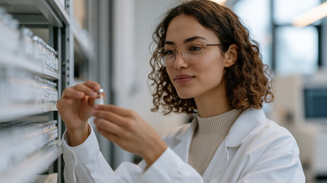 A cultured meat researcher labels cryogenic sample vials and loads them into a storage rack inside a biotech lab, the space minimal and sterile, equipment humming quietly, her concentration complete