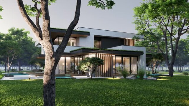 4K video rendering of two-story house with parking and pool for sale or rent with concrete facade and beautiful landscaping Clear summer evening with cozy light from window