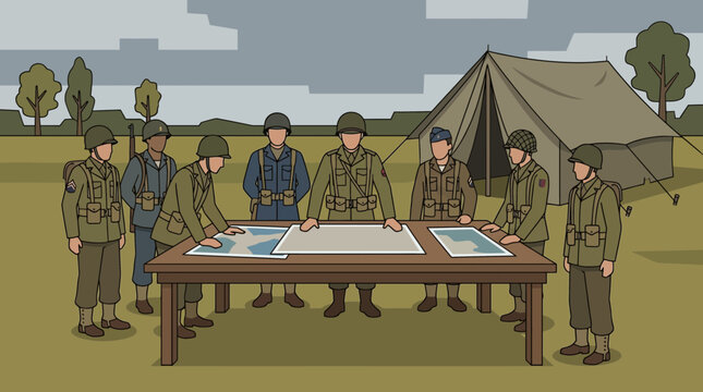 Soldiers Gathered Around Field Maps in Normandy
