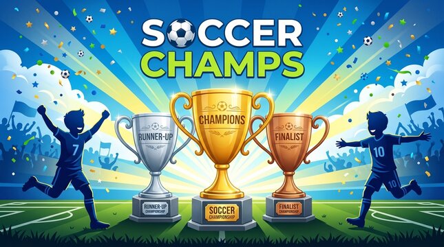 Soccer Champs championship trophies, gold silver and bronze football awards, youth soccer tournament victory celebration with cheering player silhouettes