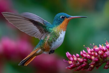 Fototapeta premium Colorful hummingbird approaching pink flowers in a soft focus garden.