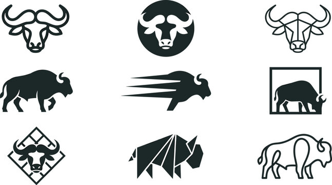 Minimal Buffalo Logo Vector Collection Featuring Modern Bison Icons, Geometric Animal Symbols, Abstract Emblems, and Professional Branding Design Elements