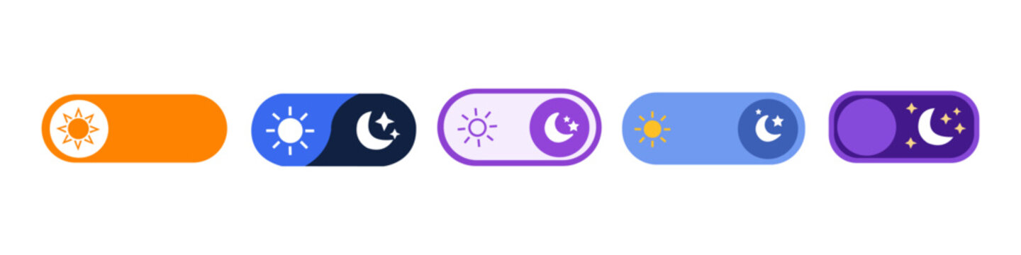 Day night mode toggle switch icon vector set. Modern dark light theme buttons with sun moon and stars for mobile app and web interface design