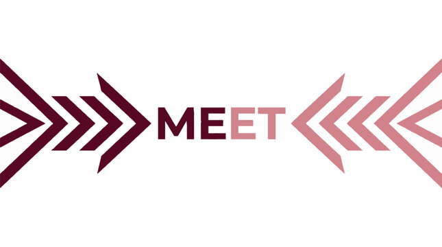 Meet word typography with converging arrows in a minimalist vector illustration design featuring maroon and dusty rose color gradients on white background
