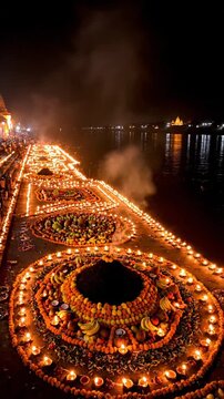 Spiritual ganga dussehra festival at night featuring rows of lit diyas on the river ghat in a vertical shot.