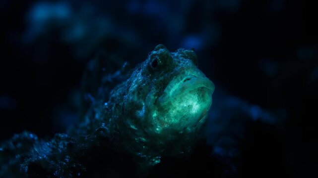 Close-up marine life, bioluminescent mudskipper fish with glowing throat detail in dark underwater environment, slow motion exotic wildlife