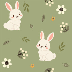 Fototapeta premium Seamless vector pattern with cute bunny and leaves. Forest animal pattern for kids and baby. Perfect for textile, wallpaper or print design and kids decor