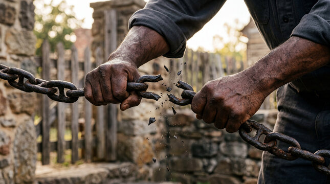 Powerful Hands Breaking Heavy Rusty Iron Chains Symbolizing Freedom, Liberation, and Overcoming Oppression; Cinematic Close-up of Strong Man Snapping Metal Bonds with Flying Shards in Rustic Setting