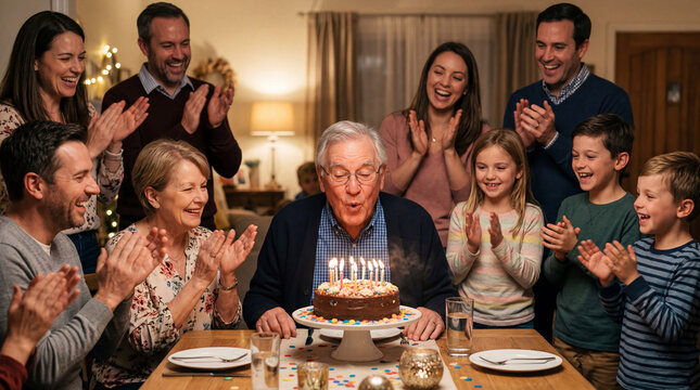 Happy multi-generational family celebrating grandfather's birthday at home; senior man blowing out candles on chocolate cake while children and adults clap and smile during a festive dinner party.