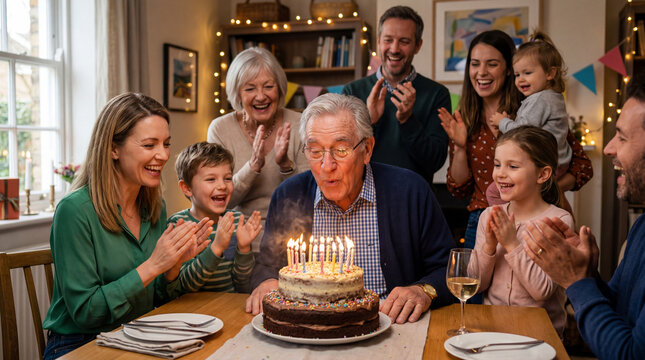 Happy multi-generational family celebrating grandfather's birthday at home with a two-tier chocolate cake. Elderly man blowing out candles while children and adults clap in a cozy, warm room.