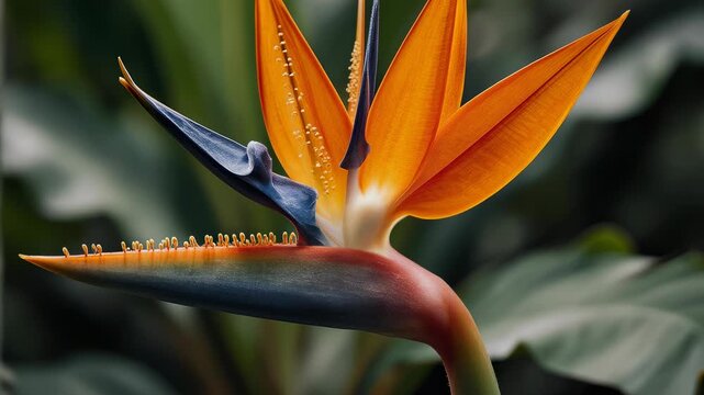 Vibrant Bird of Paradise Flower in Slow Motion, Exotic Tropical Bloom Gently Swaying in Soft Natural Light, Bokeh Background, Symbolizing Nature's Beauty and Tropical