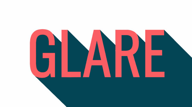 The word Glare written in a bold sans serif font with a long diagonal drop shadow in a flat vector illustration style on a white background