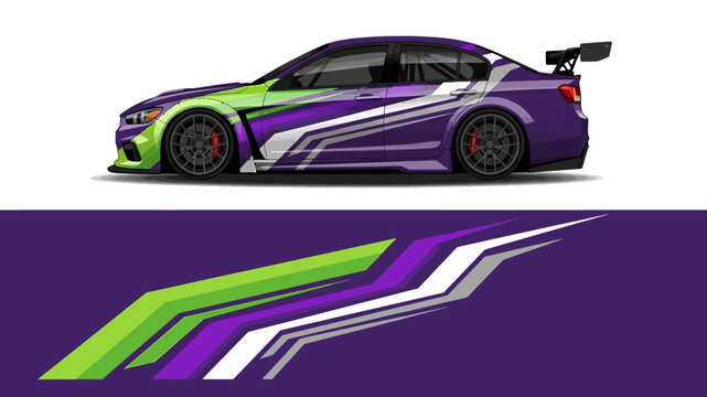 Vibrant purple and green sport race car with bold graphics and sleek design.