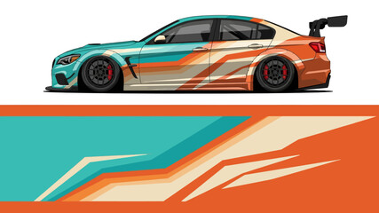 Naklejka premium Dynamic stylized turquoise and orange race car with bold graphics and sleek aerodynamic styling.