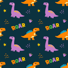 Fototapeta premium Vector seamless dinosaur pattern. Childish character print for kids fabric, children design, nursery textile and wallpaper