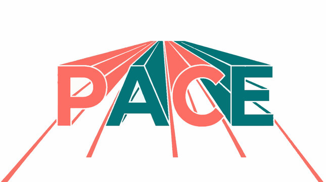 Typography illustration of the word PACE with three dimensional perspective effect in coral and teal colors on a white background