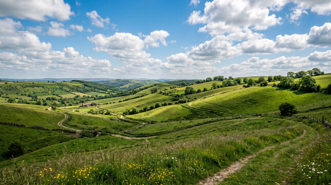 Breathtaking panoramic view of rolling green hills and lush meadows under a bright blue sky with fluffy white clouds. A winding dirt path leads through the countryside with vibrant wildflowers.