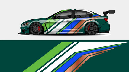 Racing car with colorful graphic livery and dynamic race track stripes. © Lailatul