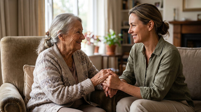 Heartwarming scene of a senior mother and adult daughter sitting together on a sofa, holding hands and sharing a smile, representing family support, love, and care in a cozy home setting.