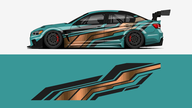 Side profile of a stylized race car with teal and orange graphics.