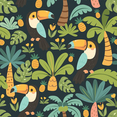 Vibrant and dense seamless pattern featuring cartoon toucans amidst a colorful jungle of tropical leaves and exotic flowers on a white background © Kseniya