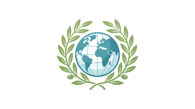 A simple illustration of a blue globe surrounded by a wreath of green leaves on a white background.