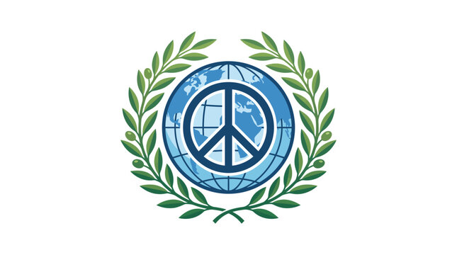 A blue and white peace sign logo with a laurel wreath on a white background, symbolizing harmony and unity.