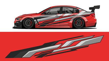Naklejka premium Red sports car with racing graphics and bold decals on a sleek aerodynamic chassis.
