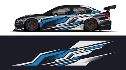 Obraz premium Sleek blue and white race car with dynamic livery in side and front views on track.
