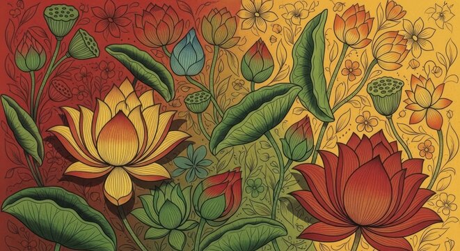 Vibrant Lotus Flowers Painting with Rich Colors and Detailed Petals.