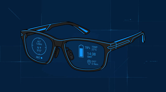 A pair of futuristic smart glasses displaying digital data on the lenses