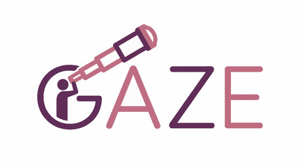 Fototapeta premium Vector illustration of the word Gaze featuring a stylized human silhouette looking through a telescope integrated into the letter G in purple tones