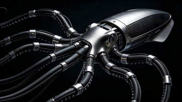 Bionic titanium mechanical squid with articulated industrial tentacles 