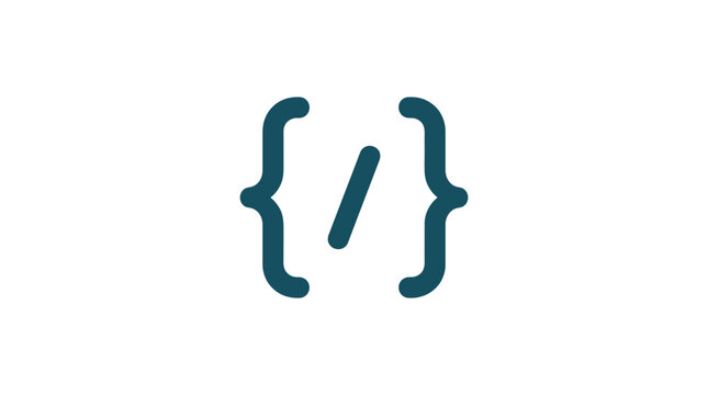 A simple dark blue programming symbol isolated on a clean white background