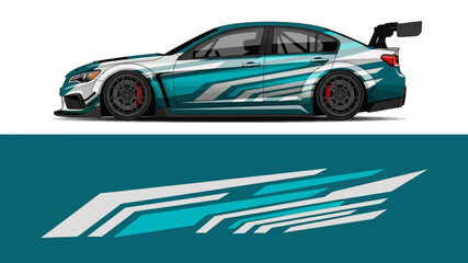 Fototapeta premium Side view of teal and blue racecar with aerodynamic livery and spoiler.