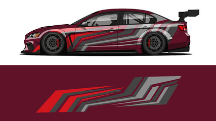 Fototapeta premium High-speed red race car with bold stripe graphics and aerodynamic design for performance and styling.