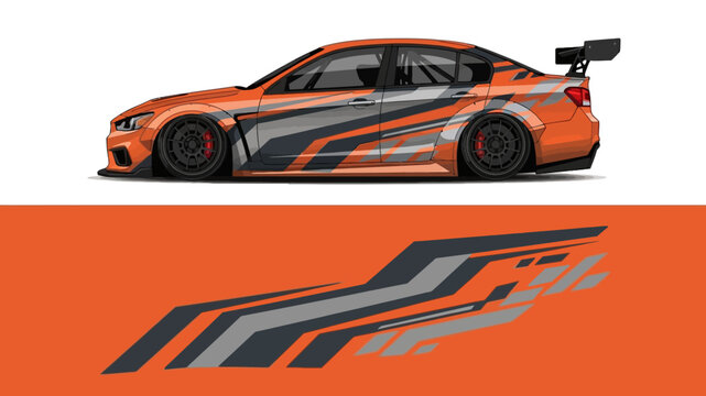 Orange race car with bold graphics and stripes in a dynamic side profile view, showcasing sporty design.