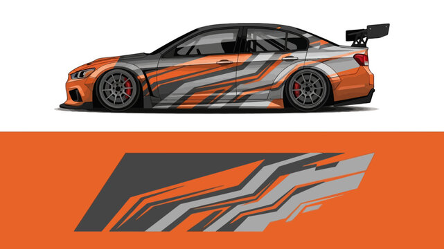 Orange racing car with stylized gray graphics on white background and bold branding emblem.