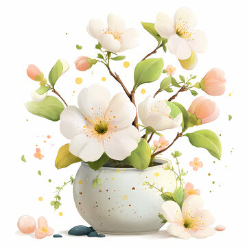 A cute White Lilli in Ceramic Pot Pure and fragrant, ideal for peaceful spaces., design in a vector art style, all set against a white background with an aesthetic vibe and in high resolution