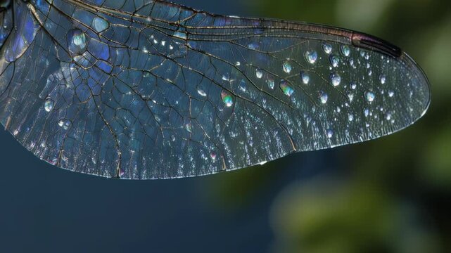 Close-up macro motion of a translucent dragonfly wing with dewdrops glistening and reflecting iridescent colors, symbolizing nature, fragility, and delicate beauty