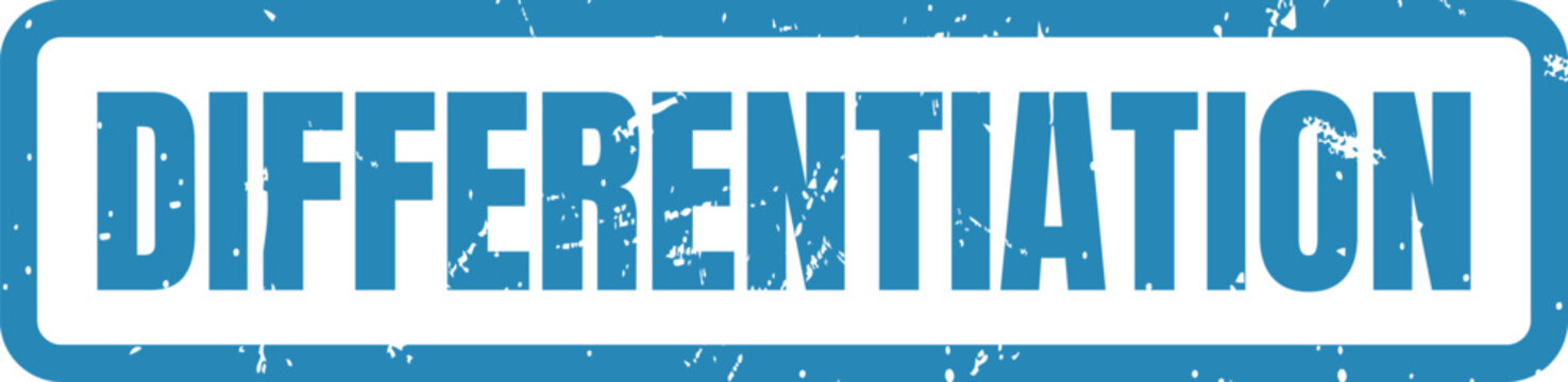 A blue grunge ink rubber stamp impression with the word differentiation written in bold capital letters