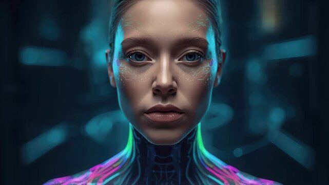 Futuristic cyborg woman portrait with neon circuitry, glowing facial patterns, teal cybernetic skin