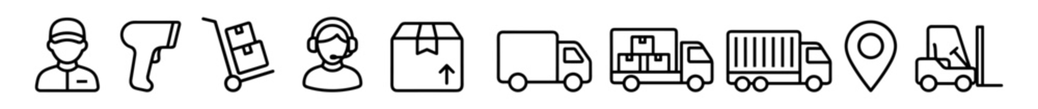 Set of logistics and delivery icons including delivery person, barcode scanner, hand truck, customer service, package, delivery truck, cargo truck, location pin