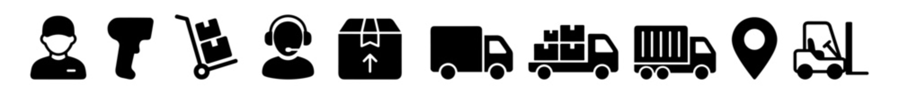 Logistics and delivery icons including worker, barcode scanner, trolley, customer support, packages, trucks, location pin, and forklift on transparent background