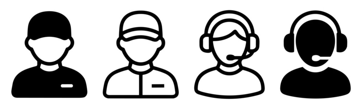 Set of person icons with different headsets and caps representing service, support, and communication roles on transparent background