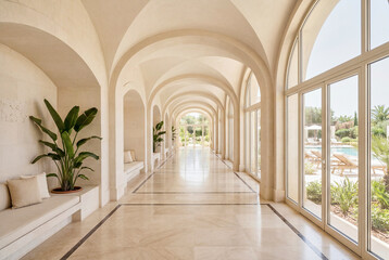 Fototapeta premium Grand Renaissance Style Resort Lounge With Vaulted Details and Refined Seating for Summer Travel